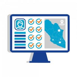 Control de Asistencia Ilustración que ejemplifica el Control de Asistencia, muestra un monitor con datos como un Mapa, Panel de usuario, Check in de ubicaciones entre otros.
