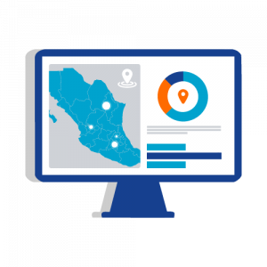 Dashboards + BI Ilustración que ejemplifica el Dashboard + BI, muestra una pantalla con un mapa de México y un panel con información.