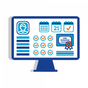 E-Learning Ilustración que ejemplifica el servicio E-Learning, muestra un monitor con panel de usuario, calendario, tareas y un certificado.