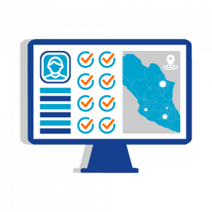 Control de Asistencia Ilustración que ejemplifica el Control de Asistencia, muestra un monitor con datos como un Mapa, Panel de usuario, Check in de ubicaciones entre otros.