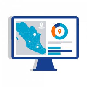 Dashboards + BI Ilustración que ejemplifica el Dashboard + BI, muestra una pantalla con un mapa de México y un panel con información.