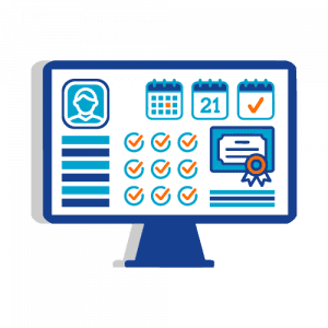E-Learning Ilustración que ejemplifica el servicio E-Learning, muestra un monitor con panel de usuario, calendario, tareas y un certificado.